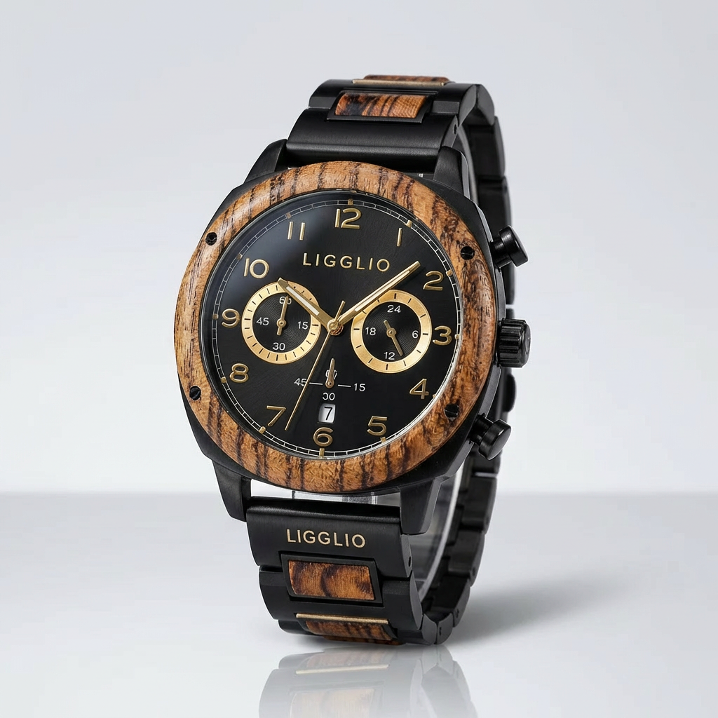Ligglio Obsidian Chrono ebony wood watch front view
