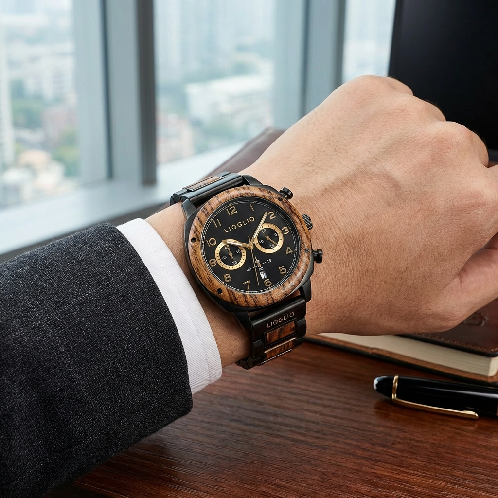 Wood grain detail on Ligglio Obsidian Chrono watch